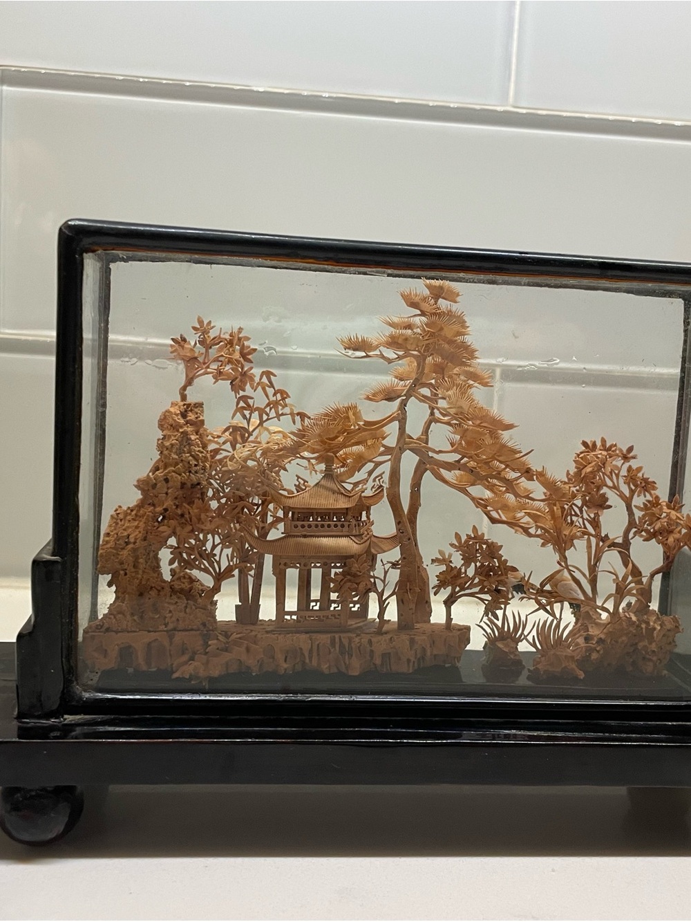 Hand-Carved Wooden Pagoda Scene in Glass Display - Brown